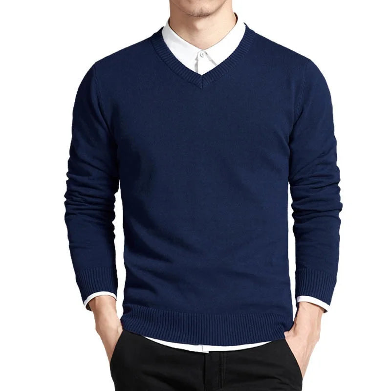 Men's V-Neck Pullover Sweater with Ribbed Cuffs and Hem, Perfect for Layering or Standalone Wear