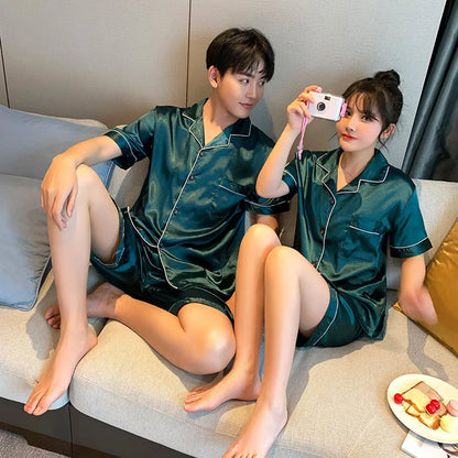 Couples' Satin Short-Sleeve Pajama Set with Button-Down Top and Piping Detail