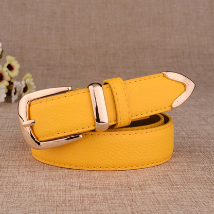 Elegant Genuine Leather Belt with Gold-Tone Western-Style Buckle for Women