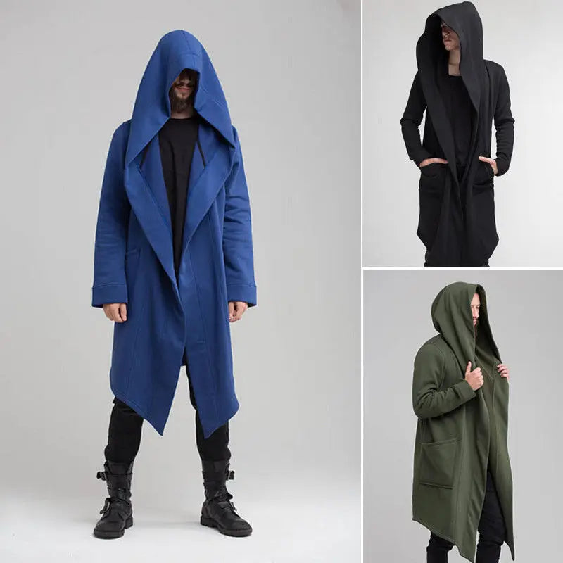 Men's Long Hooded Cardigan with Asymmetrical Hem, Deep Pockets, and Open Front Design for a Contemporary, Edgy Look