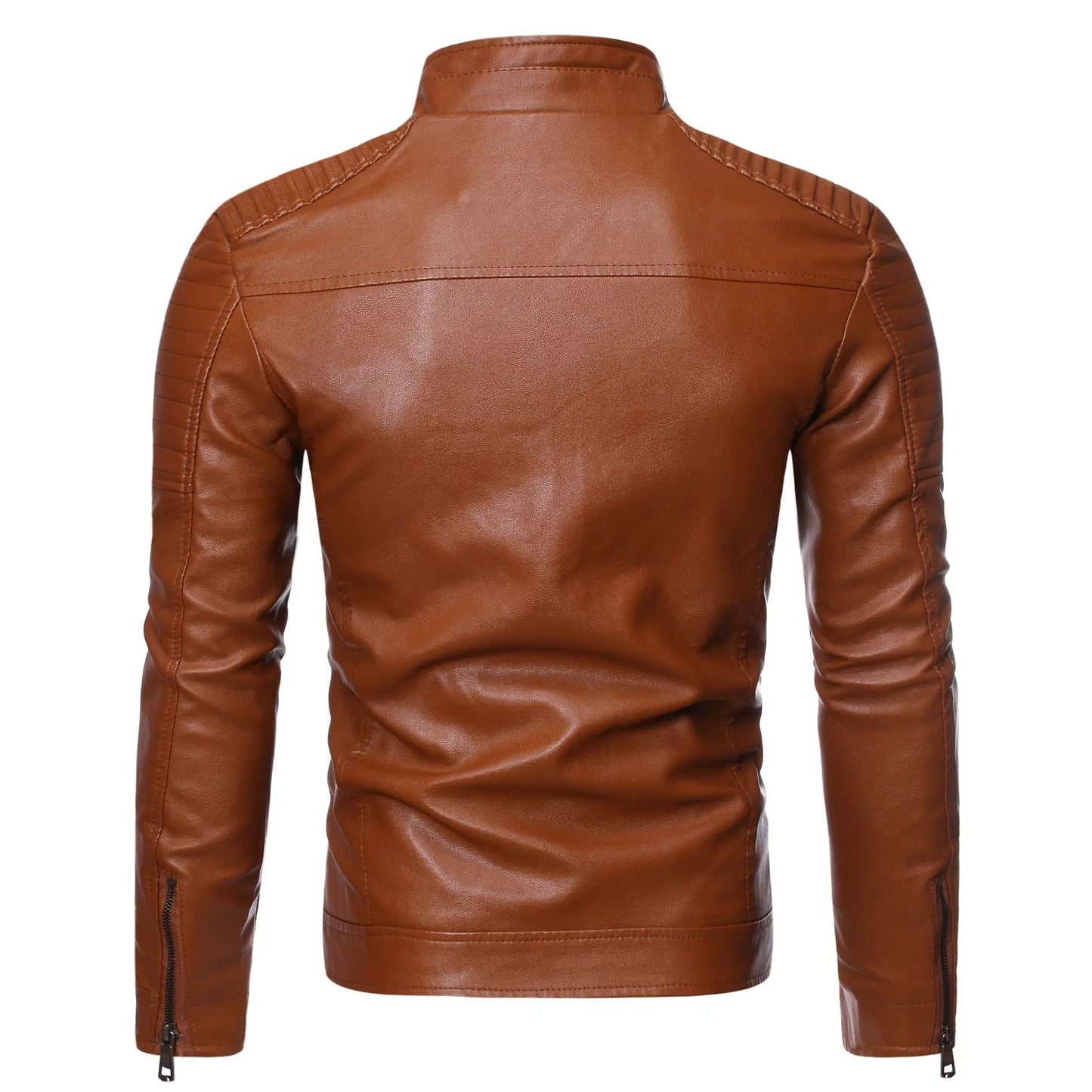 Men's Faux Leather Biker Jacket with Zipper Details and Quilted Shoulders