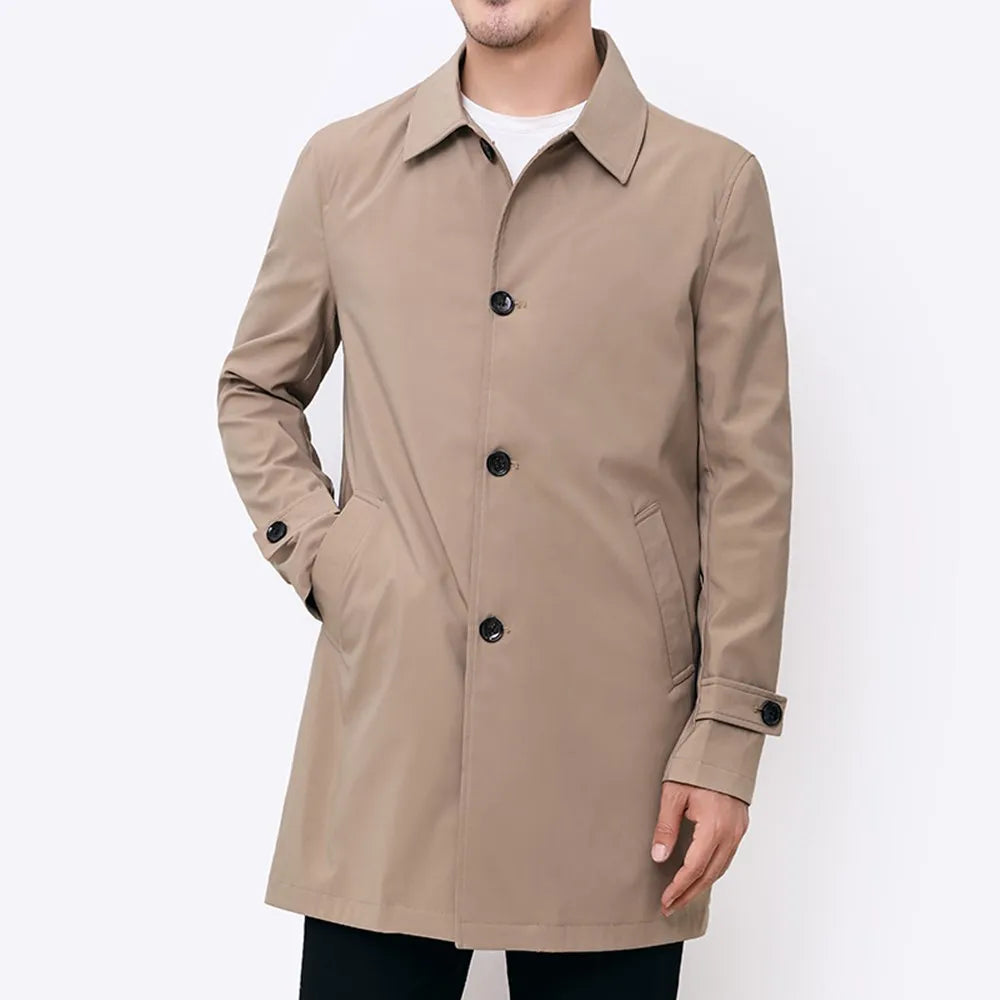 Men's Classic Single-Breasted Trench Coat with Turn-Down Collar and Adjustable Cuffs for a Timeless, Sophisticated Look