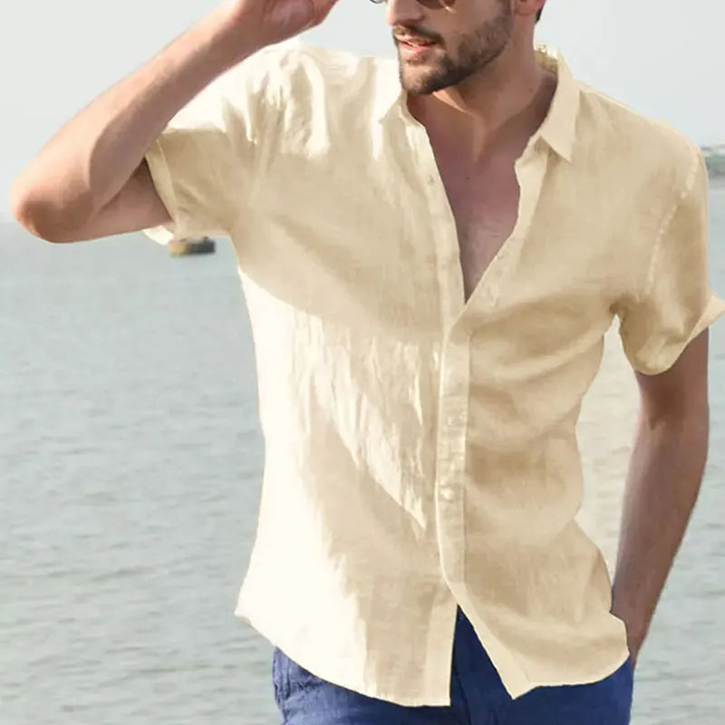 Breathable Linen Casual Shirt for Men with Short Sleeves and Button-Down Collar, Perfect for Summer Beach Outings