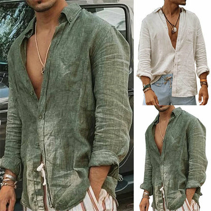 Men's Casual Long Sleeve Linen Shirt with Button-Down Front and Relaxed Fit for a Comfortable and Stylish Look