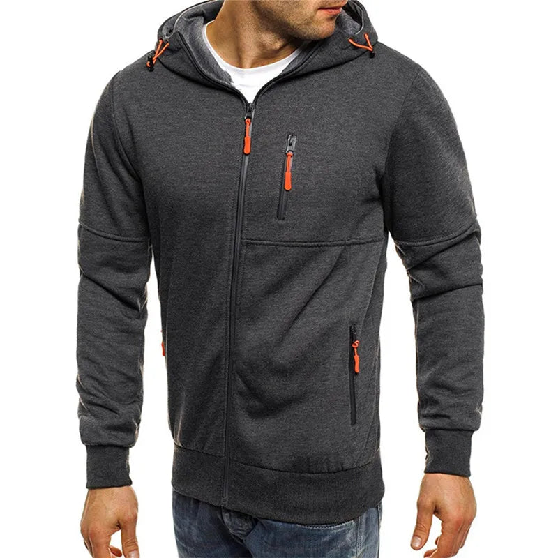 Men's Athletic Hooded Jacket with Zipper Pockets, Adjustable Drawstrings, and Comfortable Fit for Casual and Sportswear.