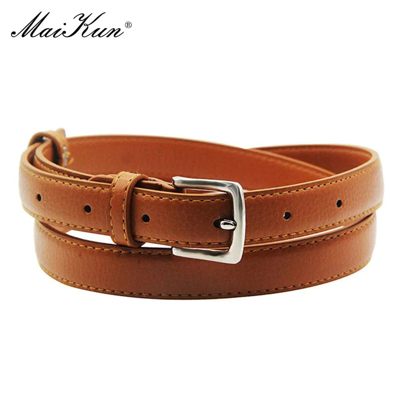 Slim Faux Leather Belt with Classic Metal Buckle for Women’s Dresses and Casual Outfits