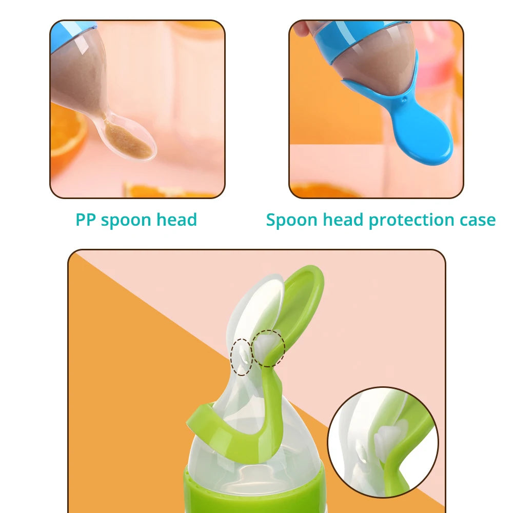 Squeezable Baby Feeding Bottle with Soft Spoon Dispenser for Easy and Mess-Free Feeding