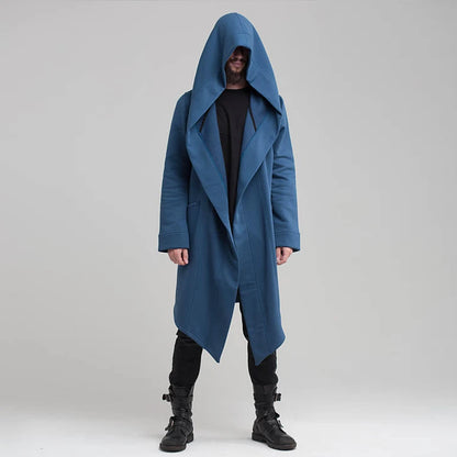 Men's Long Hooded Cardigan with Deep Front Pockets and Open Draped Design for a Modern Casual Look