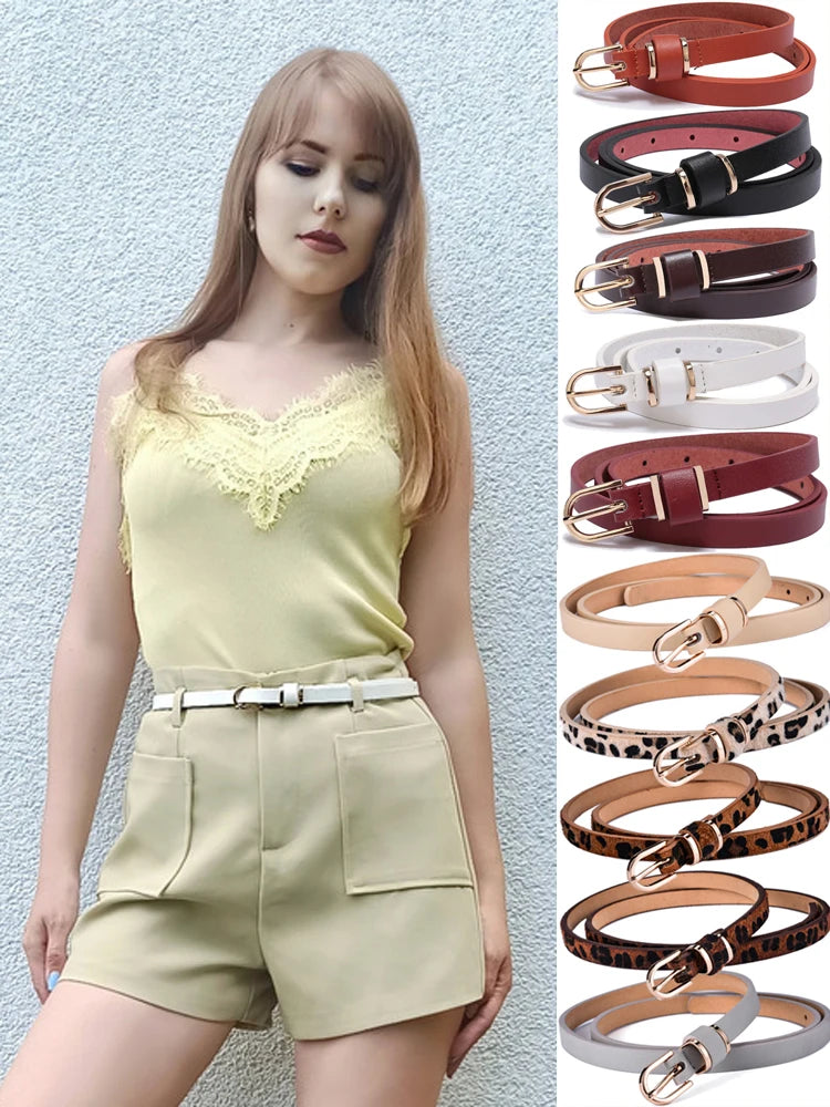 Women's Slim Faux Leather Belts with Gold-Tone Buckle and Versatile Design for Casual and Dressy Outfits