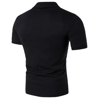 Men's Slim Fit Polo Shirt with Striped Collar and Cuffs, Button Placket, and Embroidered Logo Design