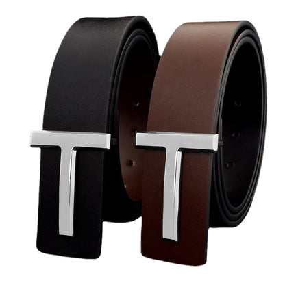 Men's Leather Belt with Sleek T-shaped Metal Buckle for a Modern and Sophisticated Look