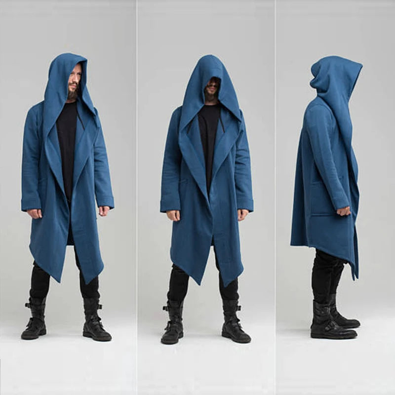 Men's Long Hooded Cardigan with Deep Front Pockets and Open Draped Design for a Modern Casual Look