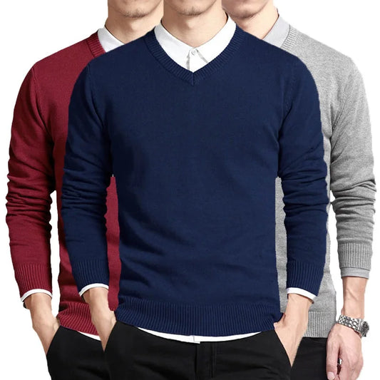 Men's V-Neck Pullover Sweater with Ribbed Cuffs and Hem, Perfect for Layering or Standalone Wear