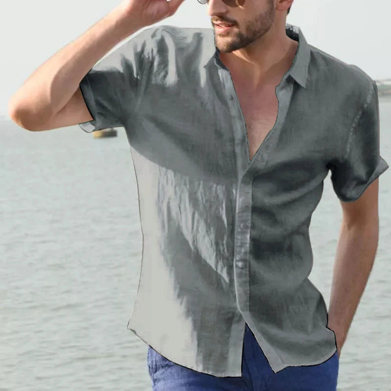 Breathable Linen Casual Shirt for Men with Short Sleeves and Button-Down Collar, Perfect for Summer Beach Outings