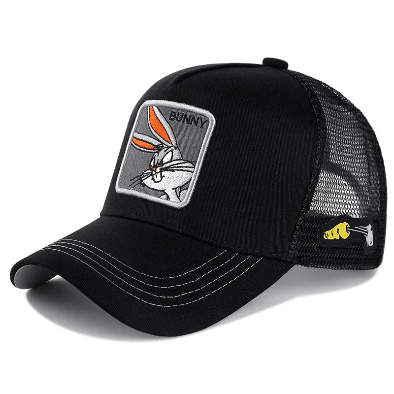 Cartoon Character Mesh-Back Trucker Hat with Adjustable Strap and Embroidered Patch Design