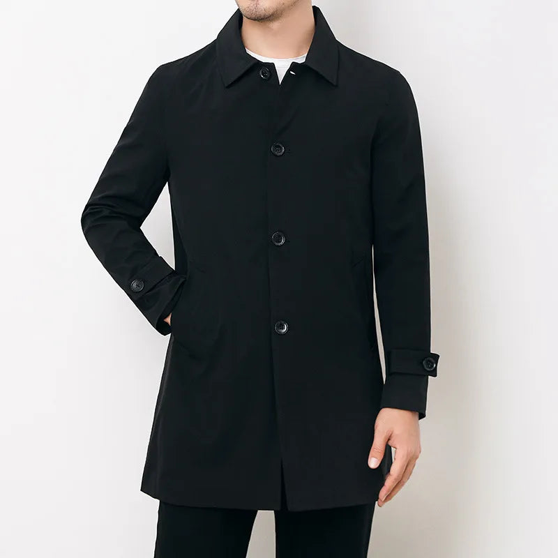 Men's Classic Single-Breasted Trench Coat with Turn-Down Collar and Adjustable Cuffs for a Timeless, Sophisticated Look