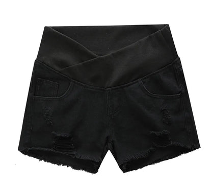 Maternity Casual Denim Shorts with Elastic Waistband and Frayed Hem Design