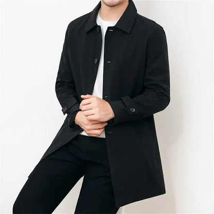 Men's Classic Single-Breasted Trench Coat with Turn-Down Collar and Adjustable Cuffs for a Timeless, Sophisticated Look