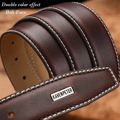 Classic Men's Leather Belt with Sturdy Metal Buckle and Contrasting Stitching