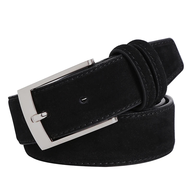 Men's Genuine Suede Leather Belt with Classic Pin Buckle for Formal and Casual Wear