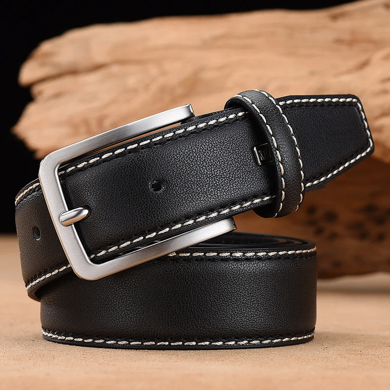 Classic Men's Leather Belt with Sturdy Metal Buckle and Contrasting Stitching