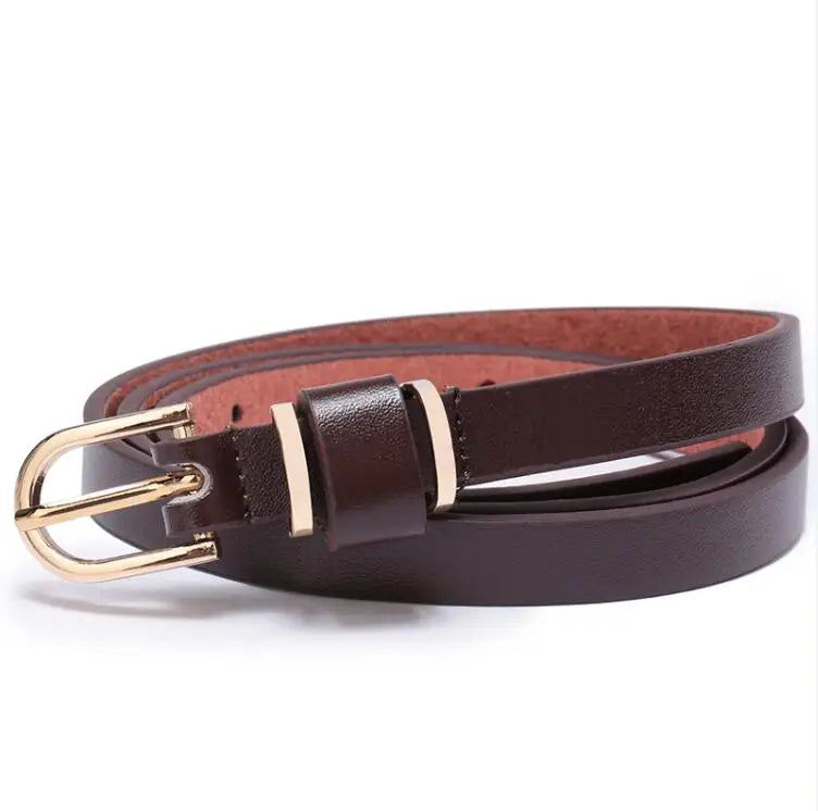 Women's Slim Faux Leather Belts with Gold-Tone Buckle and Versatile Design for Casual and Dressy Outfits