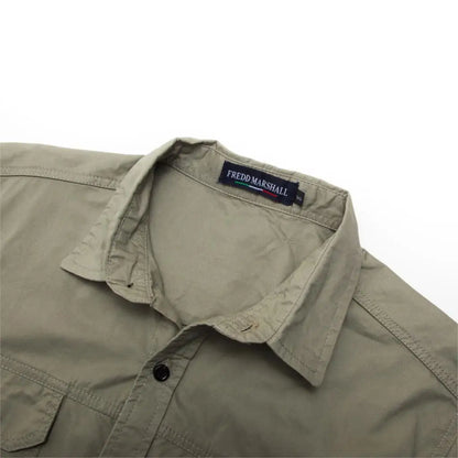 Men's Short-Sleeve Button-Up Shirt with Double Chest Pockets and Classic Military-Inspired Design