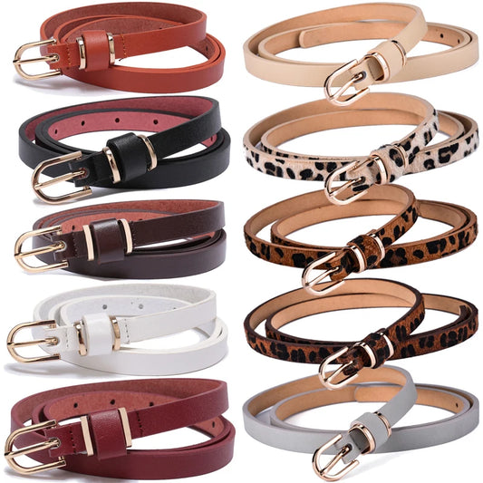 Women's Slim Faux Leather Belts with Gold-Tone Buckle and Versatile Design for Casual and Dressy Outfits