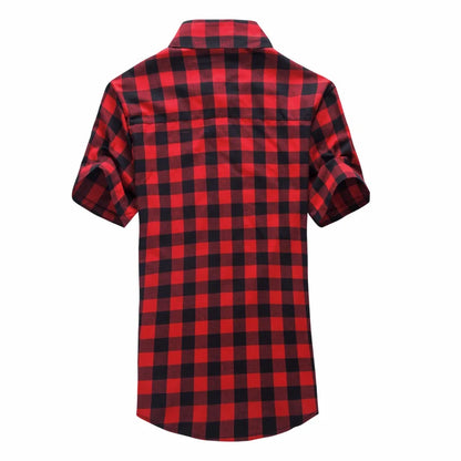 Men's Short Sleeve Plaid Button-Up Shirt with Turn-Down Collar, Layered Over Graphic T-Shirt for a Trendy Casual Look