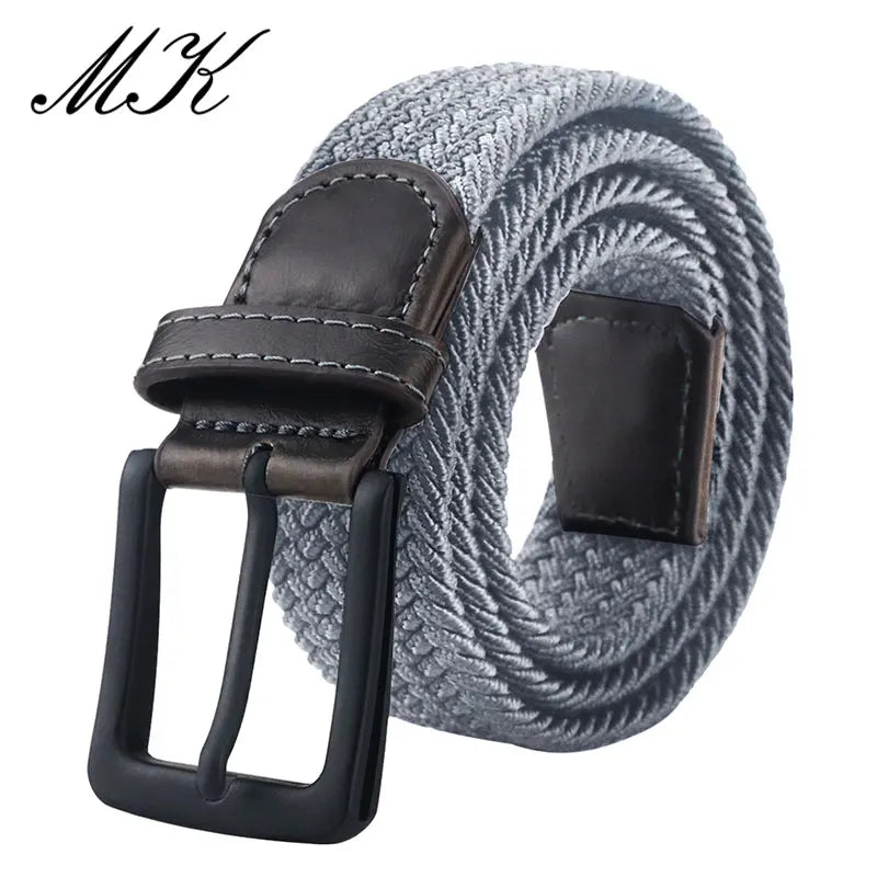 Braided Stretch Belt with Leather Trim and Matte Finish Metal Buckle for Men’s Casual and Formal Attire