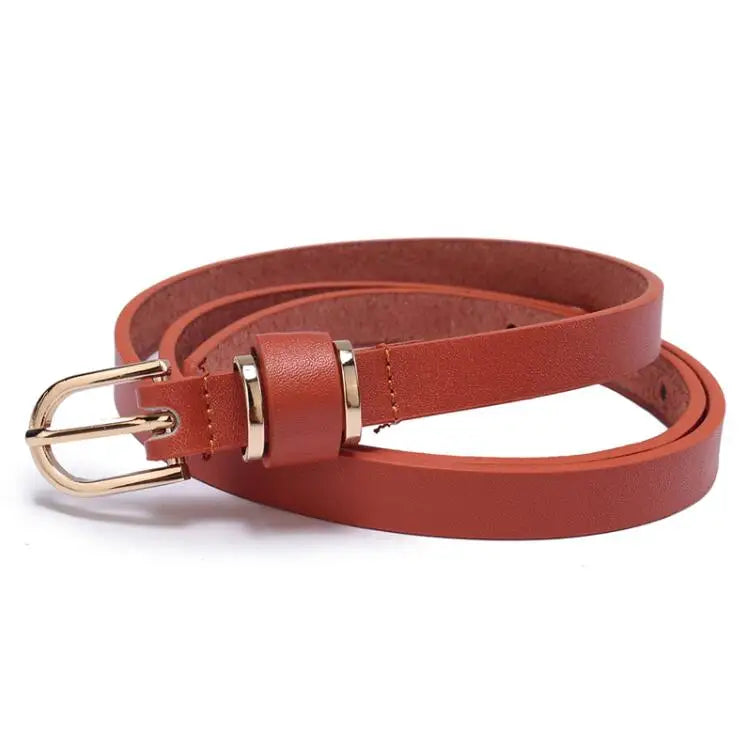 Women's Slim Faux Leather Belts with Gold-Tone Buckle and Versatile Design for Casual and Dressy Outfits