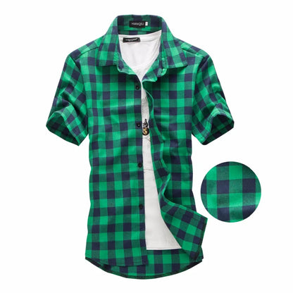 Men's Short Sleeve Plaid Button-Up Shirt with Turn-Down Collar, Layered Over Graphic T-Shirt for a Trendy Casual Look