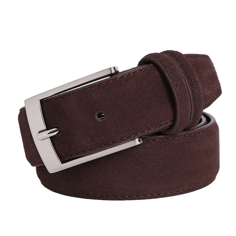 Men's Genuine Suede Leather Belt with Classic Pin Buckle for Formal and Casual Wear