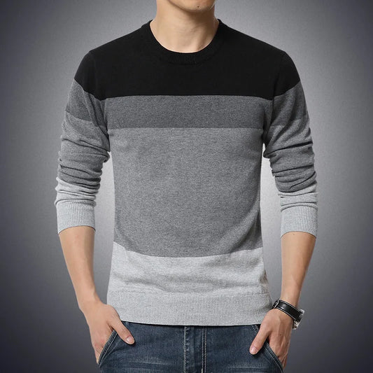 Men's Gradient Striped Crew Neck Sweater with Ribbed Cuffs and Hem for Casual Wear