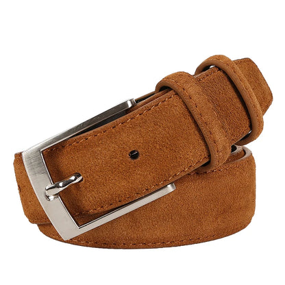 Men's Genuine Suede Leather Belt with Classic Pin Buckle for Formal and Casual Wear