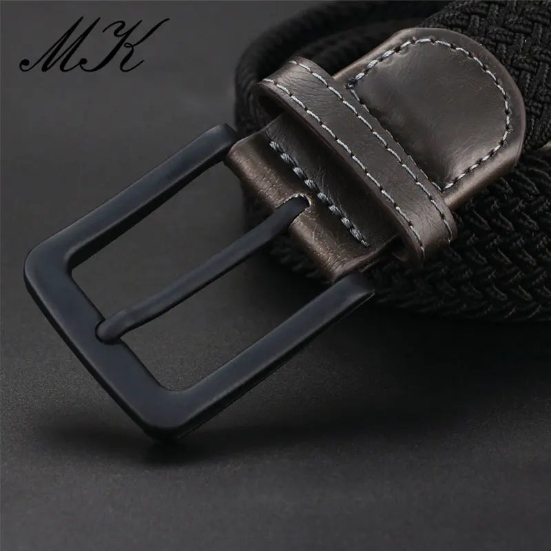 Braided Stretch Belt with Leather Trim and Matte Finish Metal Buckle for Men’s Casual and Formal Attire