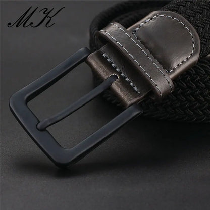 Braided Stretch Belt with Leather Trim and Matte Finish Metal Buckle for Men’s Casual and Formal Attire