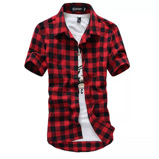 Men's Short Sleeve Plaid Button-Up Shirt with Turn-Down Collar, Layered Over Graphic T-Shirt for a Trendy Casual Look