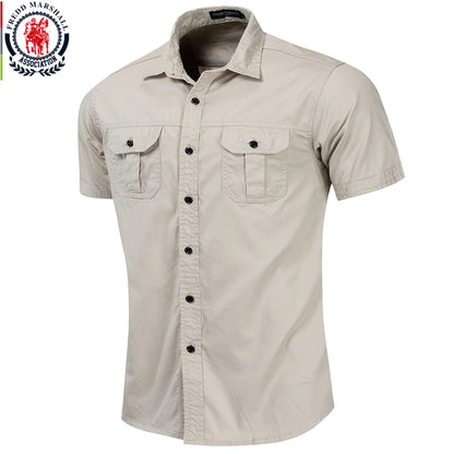 Men's Short-Sleeve Button-Up Shirt with Double Chest Pockets and Classic Military-Inspired Design