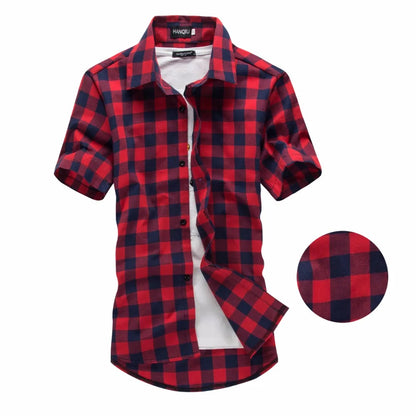 Men's Short Sleeve Plaid Button-Up Shirt with Turn-Down Collar, Layered Over Graphic T-Shirt for a Trendy Casual Look