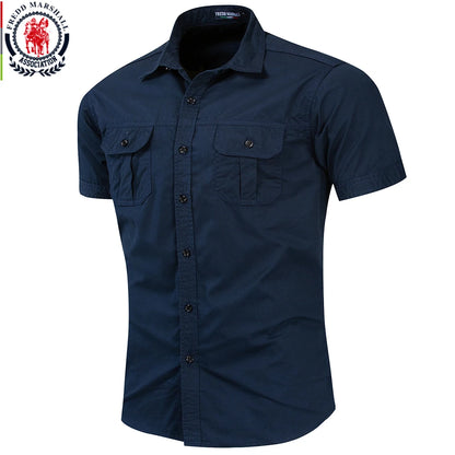 Men's Short-Sleeve Button-Up Shirt with Double Chest Pockets and Classic Military-Inspired Design