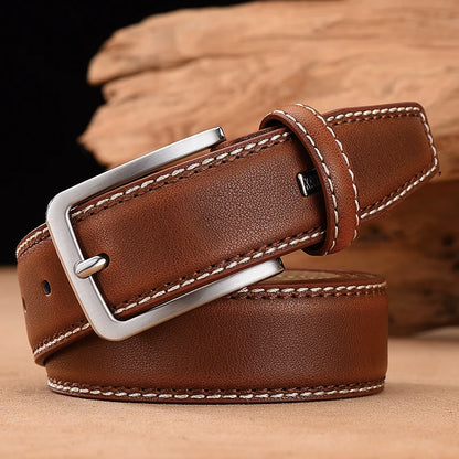 Classic Men's Leather Belt with Sturdy Metal Buckle and Contrasting Stitching