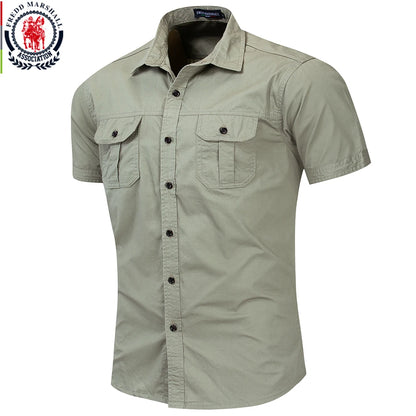 Men's Short-Sleeve Button-Up Shirt with Double Chest Pockets and Classic Military-Inspired Design