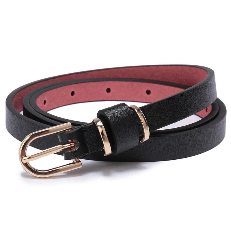 Women's Slim Faux Leather Belts with Gold-Tone Buckle and Versatile Design for Casual and Dressy Outfits