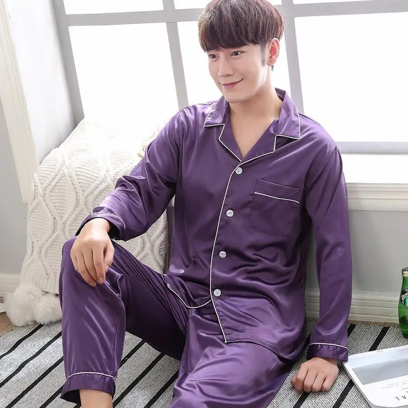 Unisex Silk Pajama Set with Long Sleeves and Button-Down Top for Luxurious Sleepwear