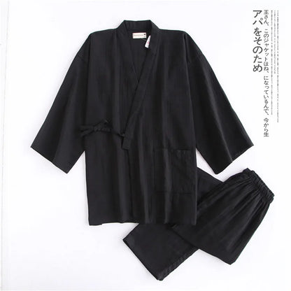 Men's Traditional Japanese Yukata Set with Short-Sleeve Top and Matching Pants for Comfortable Loungewear