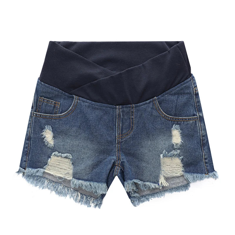 Maternity Casual Denim Shorts with Elastic Waistband and Frayed Hem Design