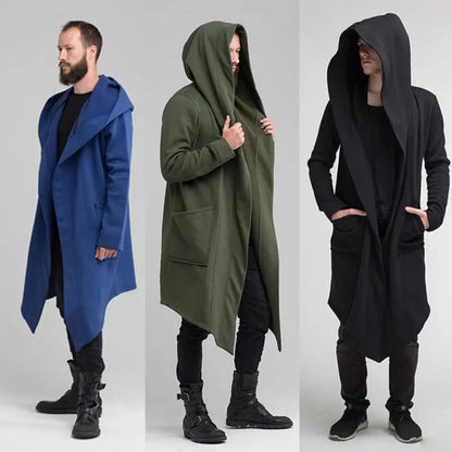 Men's Long Hooded Cardigan with Asymmetrical Hem, Deep Pockets, and Open Front Design for a Contemporary, Edgy Look