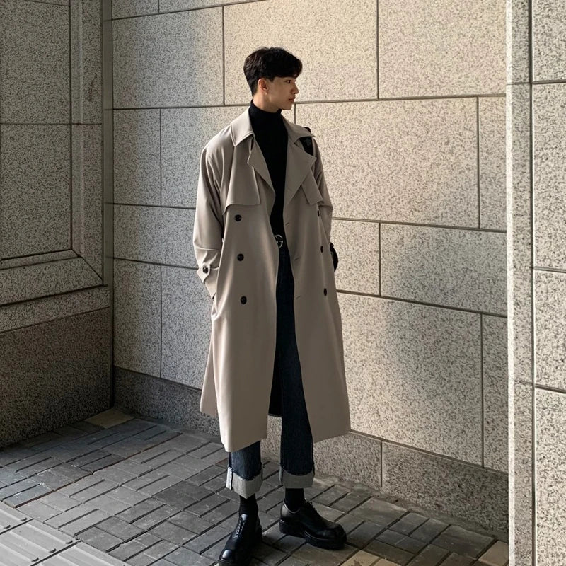 Men's Long Double-Breasted Trench Coat with Lapel Collar and Full-Length Sleeves for Elegant Autumn and Winter Wear