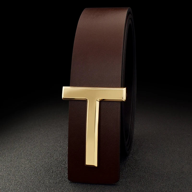 Men's Leather Belt with Sleek T-shaped Metal Buckle for a Modern and Sophisticated Look